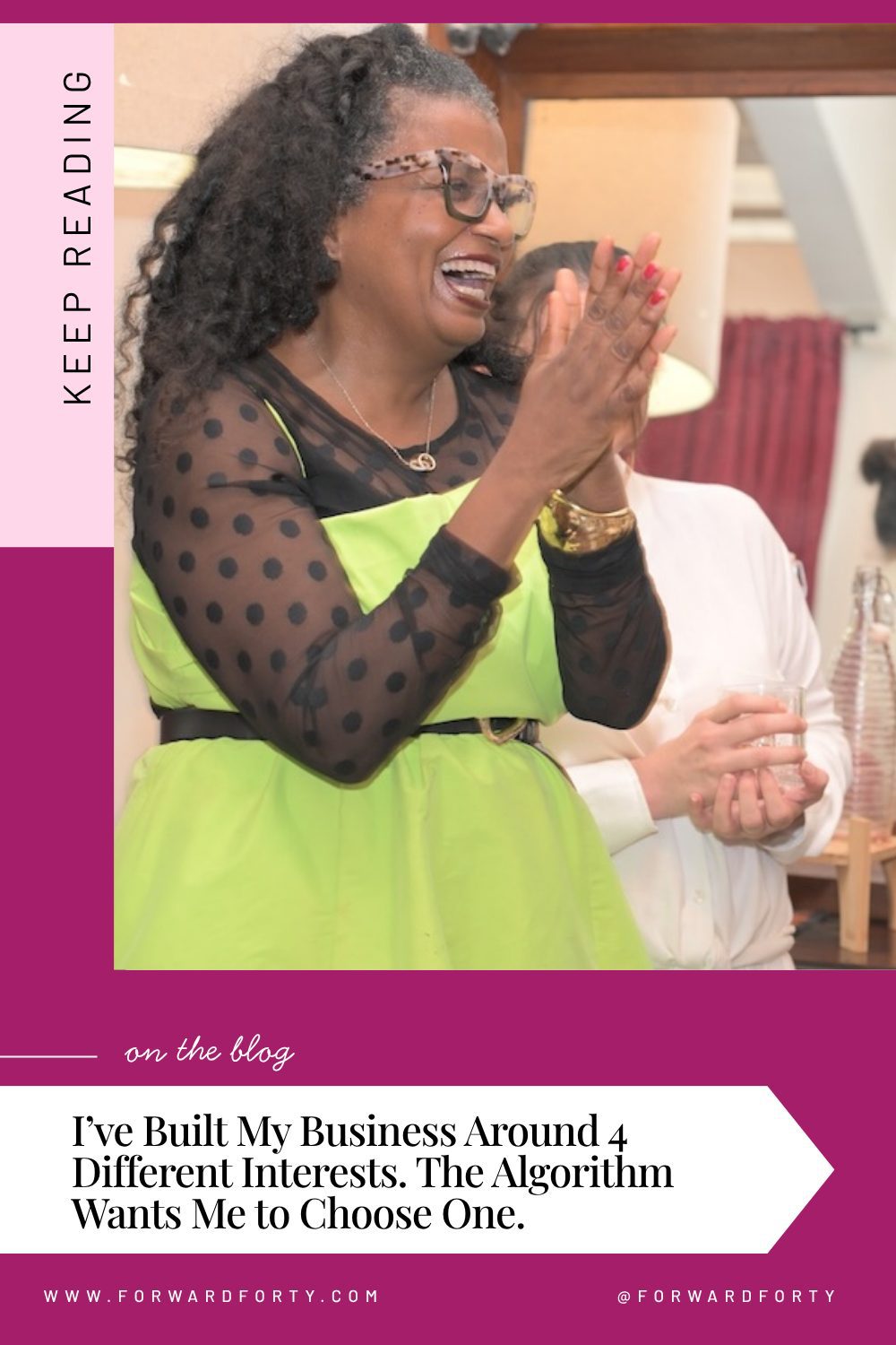 Woman in a bright green dress laughing and clapping at an event, with the headline “Should You Niche? I Decided Not To. Here’s What Happened.”
